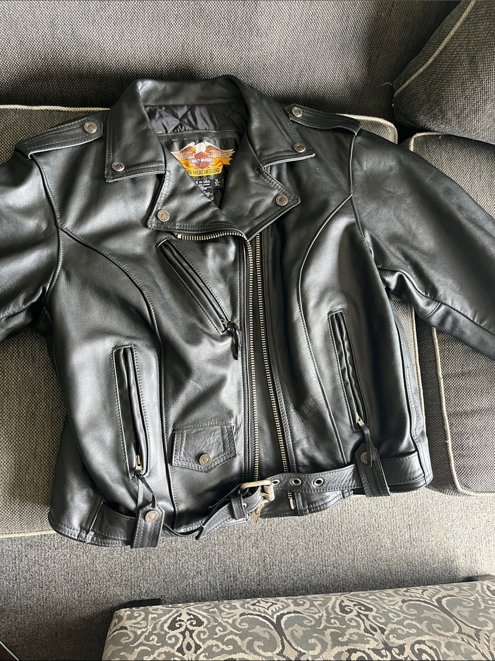 Harley-Davidson Black Leather Moto Jacket with Zip & Belt Accents
